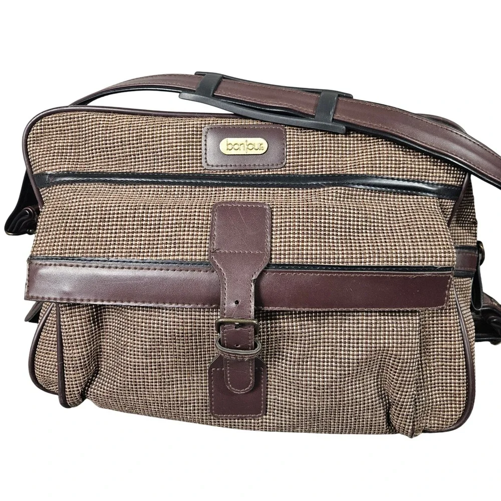 Bonjour Vintage Travel Bag Brown Tweed Shoulder Carry On Weekender Taiwan 80s 90